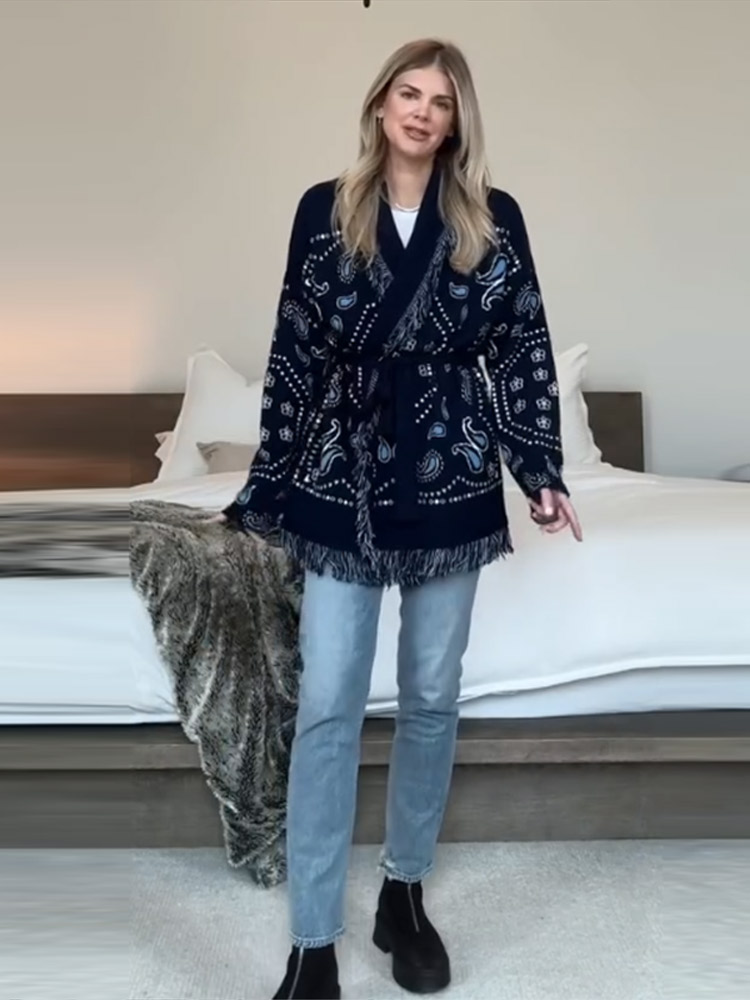 Tassel Fringe Trim - Cardigã Feminino Elegante com Estampa e