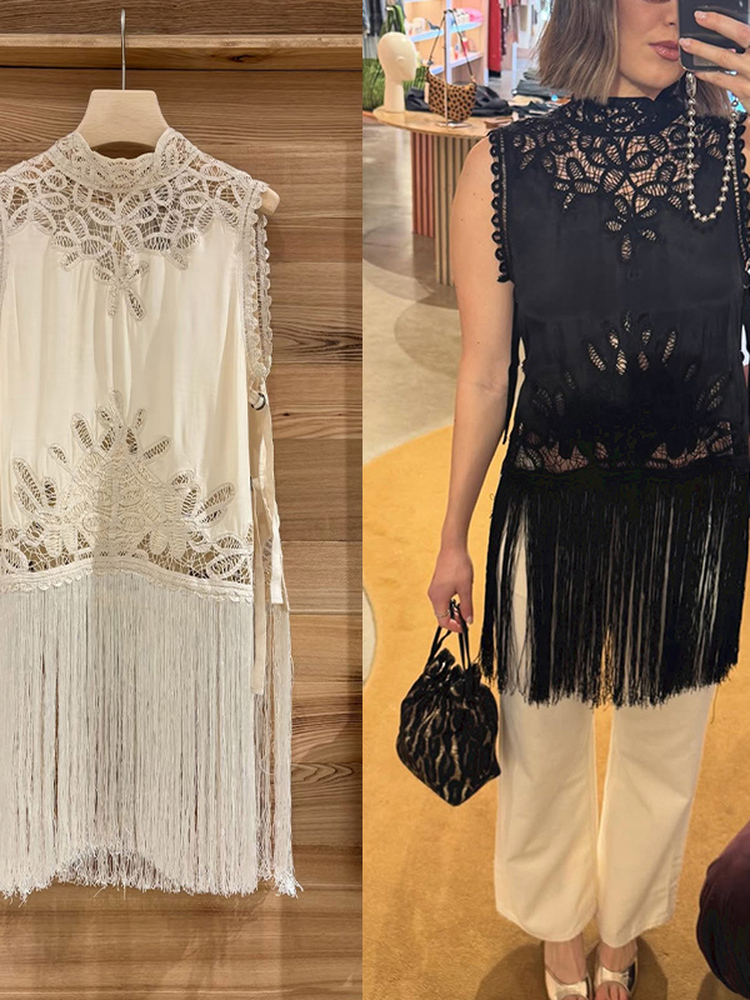 Tassel Fringe Trim - Camisa Feminina Estilo Francês com Nó