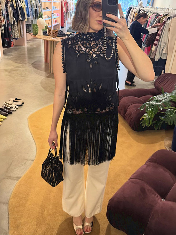Camisa Feminina Estilo Francês - Tassel Fringe Trim avaliação e preço