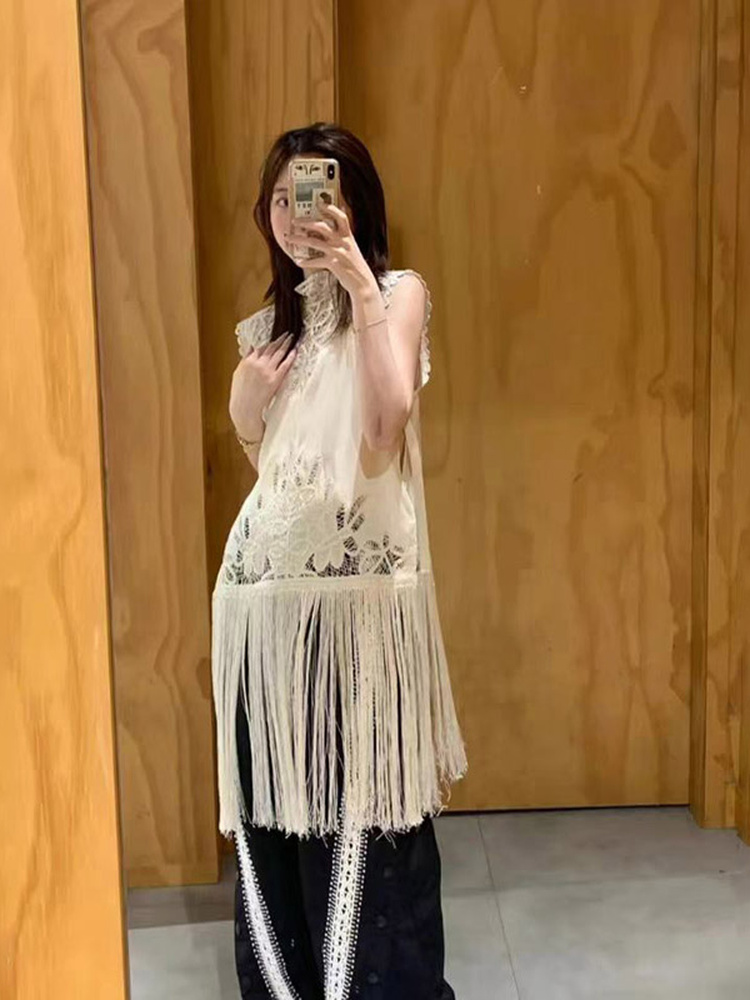 Camisa Feminina Estilo Francês - Tassel Fringe Trim avaliação e preço